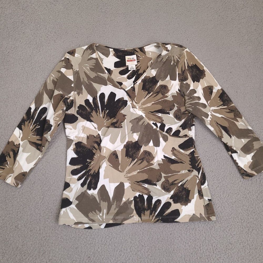 Ruby Rd Favorites Blouse Shirt Womens Medium Abstract Leaves Brown 3/4 Sleeve